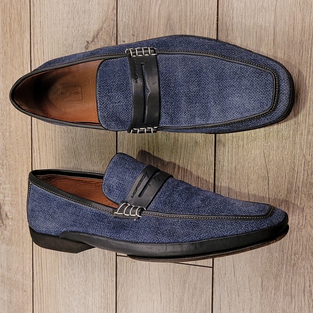 MORESCHI Italy Blue Black Canvas Leather Heyraud Sz‎ 8 Mens Penny Loafers Shoes